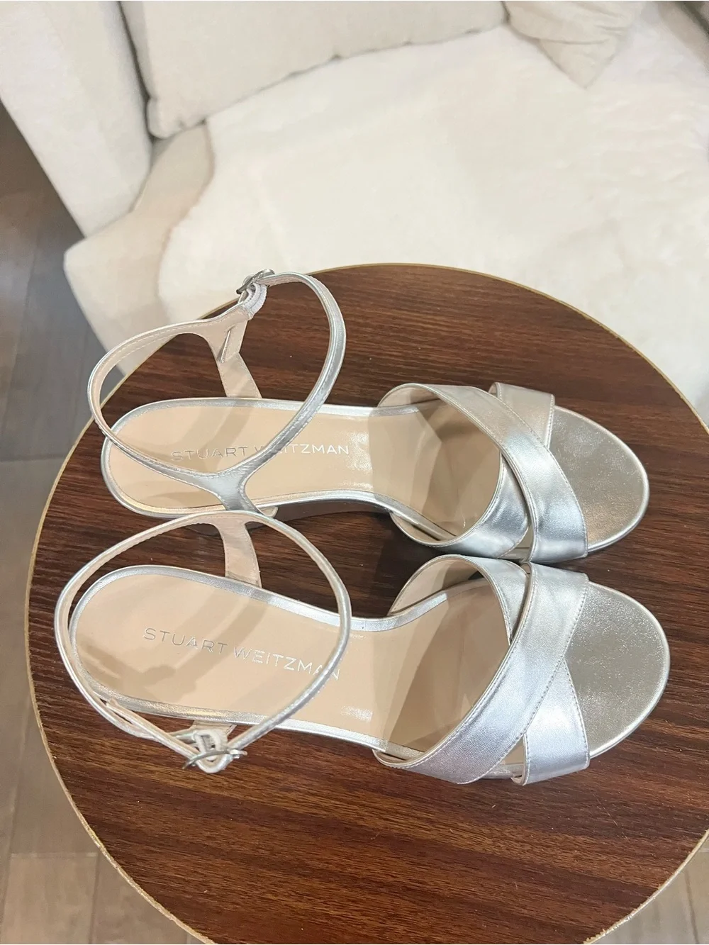 Stuart Weitzman silver metallic leather wedge sandals, size 9B